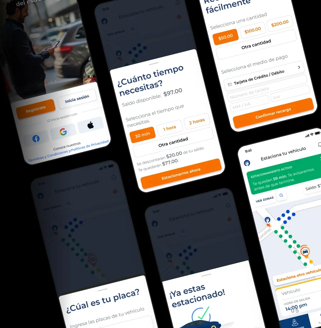 Pantallas de la app Yo! Estacionándome: elegir tiempo, ingresar la placa, confirmar el estacionamiento y ver el mapa de zonas